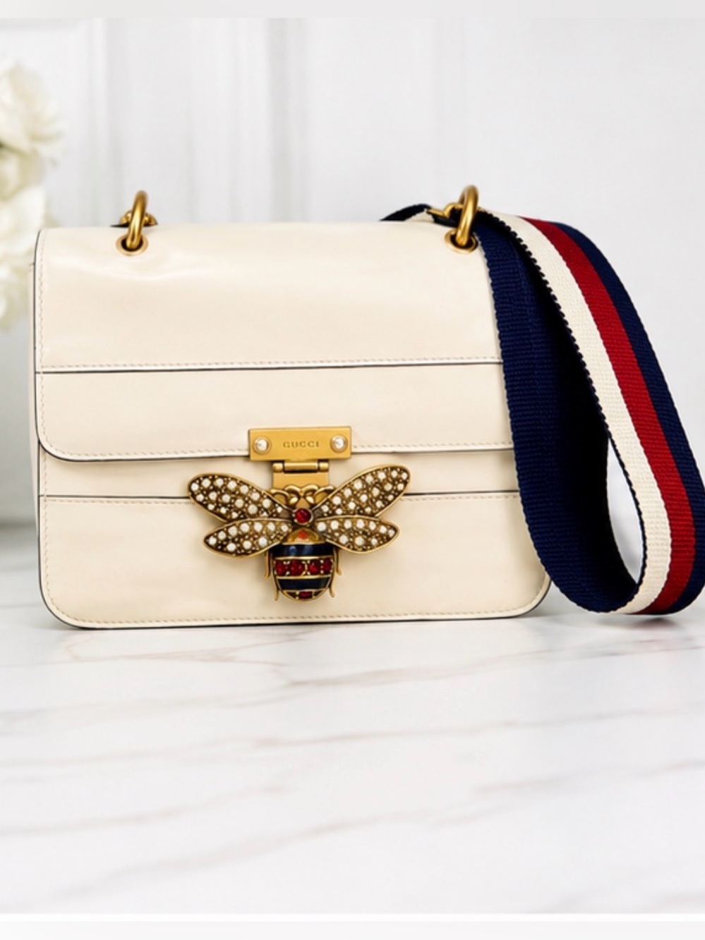 Gucci Queen Margaret Bee Clasp Bag - White/Ivory Calfskin Leather - Model 476542
